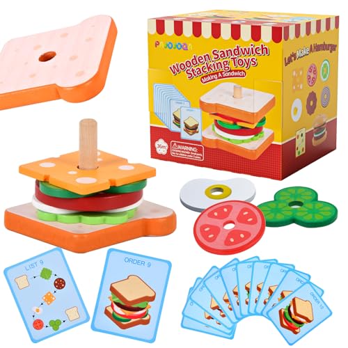 Pajojoqa Wooden Sandwich Stacking Toys, Montessori Toys for Toddlers Kitchen Play Food Educational Preschool Learning Toys Christmas Birthday Gift Kids Toys for Boys Girls 3 4 5 Years Old (Sandwich) - color: Sandwich