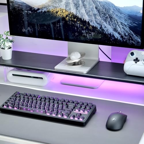 Bamboo Monitor Stand, Desk Shelf with Acrylic Legs and RGB Lights | 31.5-Inch Wide, 3.3-Inch Clearance, Fits Monitor, Laptop, Printer and Speakers for Small Desks - color: Black x RGB Light