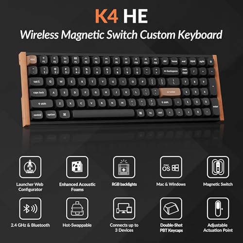 Keychron K4 HE 96% Wireless Hall Effect Keyboard with Number Pad, Rapid Trigger Magnetic Switches, QMK Launcher, 2.4GHz/Bluetooth/Wired, Mac & Windows, Wood Accent Frame, Black (Non-Shine-Through) - color: Special Edition Black
