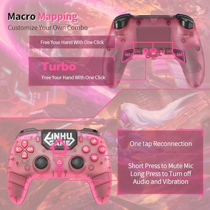 linhugame Wireless Controller for P5/Pro/Slim/PC, with Transparent Shell/RGB Tape Light/Hall Effect Joyticks and Trigger/Macro/Turbo/3.5mm Audio Jack/Speaker and Mic/1500 mAh Large Battery Gamepad (Pink)