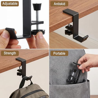 6pcs Under Desk Hook Clamp, Under Desk Mount Bag Holder Hook Clamp, Black Aluminum Alloy Bag Holder for Desks, Headphone Hanger Backpack Hooks with Adjustable Arm Clamps for Office School
