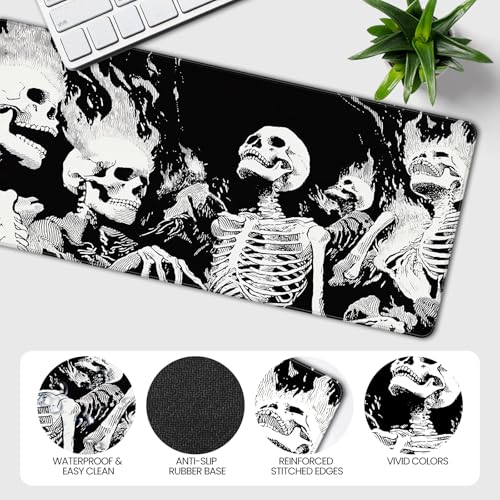 XXL Gaming Mouse Pad, Horror Skull Pattern Black and White, 35.4 x 15.7 Inches, Non-Slip Rubber Base, Waterproof Microfiber Cloth Surface - color: Black and White Skull Design