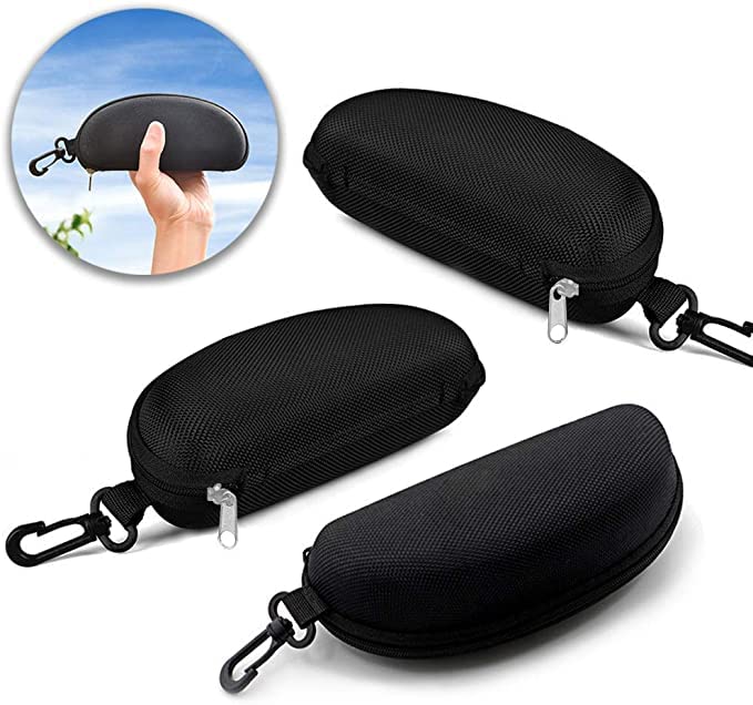 3 Pack Zipper Shell Eyeglasses and Sunglasses Case with Plastic Carabiner Hook - color: Black