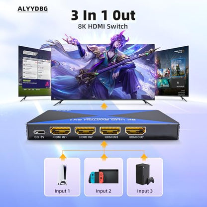 8K@60Hz HDMI Switch 3 in 1 Out. ALYYDBG HDMI 2.1 Switcher Supports DSC 4K@240Hz 3D HDR10+ HDCP 2.3 VRR for PS5/4 Xbox Nintendo Switch Roku Fire Stick Apple TV to Connect TV Monitor - size: 3x1