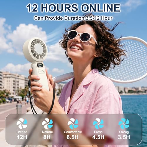 Portable Handheld Fan with Ice Cooling, 5.5m/s High Speed, Foldable Neck Fan, 5-Speed LED Display, 12H Battery, Independent Switch, Personal Fans for Travel, Concerts, Sports Events - White - color: White
