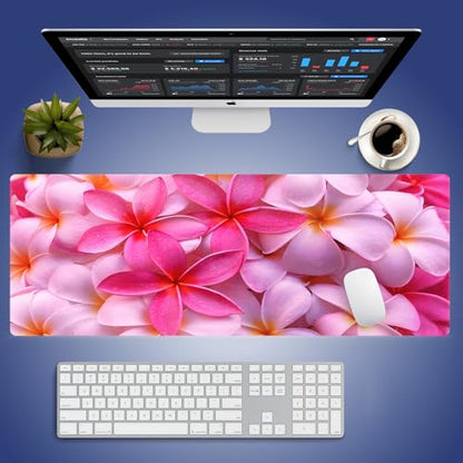 Girly Tropical Plumeria Flowers Large Mouse Pad, Bliss Close-up Desk Mat | Vibrant Red Hot Pink Exotic Hawaii Floral, 31.5" x 11.8", XXL Gaming/Office Durable Stitched Keyboard Mat, Smooth, Anti-Slip - color: Plumeria Flowers Bliss