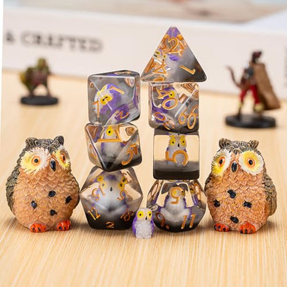 DND Owl Resin Dice Set, Animal Polyhedral Dice for Dungeons and Dragons, RPG, MTG D&D 7-DIE (D4, D6, D8, D10, D12, D20, D%) - color: Owl