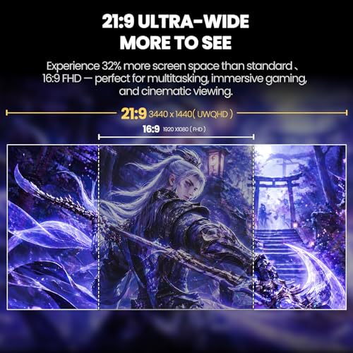 CRUA 34" Ultrawide Gaming Monitor 165Hz, UWQHD 3440x1440 IPS Computer Monitor, 21:9 Wide Screen, FreeSync, PIP/PBP, 120% sRGB, Built-in Speakers, HDMI 2.0 & DP 1.4, Wall Mount&Tilt Adjustable