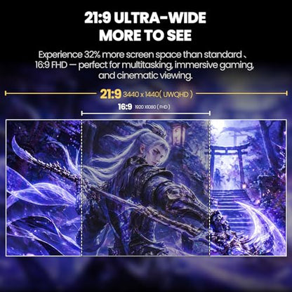 CRUA 34" Ultrawide Gaming Monitor 165Hz, UWQHD 3440x1440 IPS Computer Monitor, 21:9 Wide Screen, FreeSync, PIP/PBP, 120% sRGB, Built-in Speakers, HDMI 2.0 & DP 1.4, Wall Mount&Tilt Adjustable