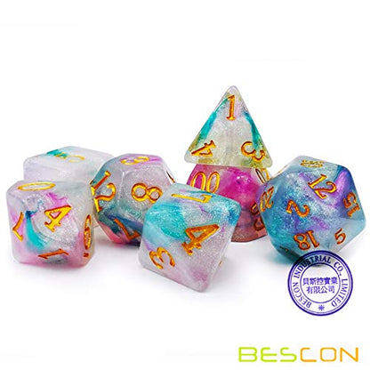Bescon Magical Stone Dice Set Series, 7pcs Polyhedral RPG Dice Set Fairy Spirit, Black Tinbox Packing - color: Fairy Spirit in Tinbox