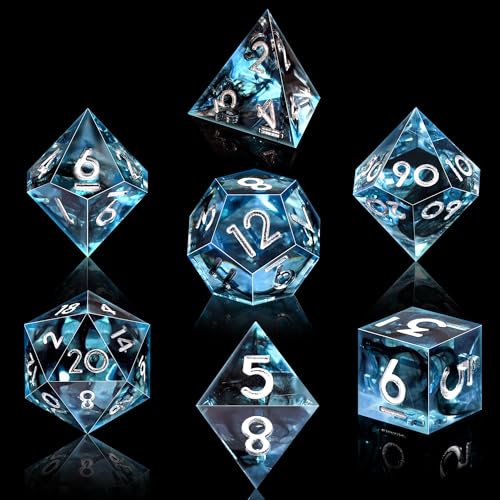 AUSTOR 7-Die DND Dice Set Handmade Sharp Edge Polyhedral Dice for Dungeons and Dragons D&D RPG MTG Table Games (Blue & Black, Silver) - color: Blue & Black，silver