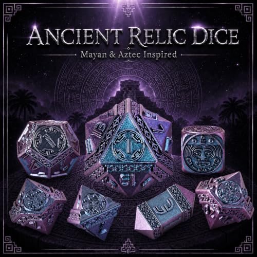 Tzolkin Metal DND Dice Set, 7-Piece Polyhedral Dice | Solid zinc alloy dice with heavy feel, Mayan Aztec calendar details, readable numbers, and temple collector box for RPG play - color: Blue