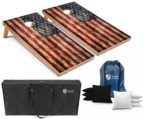 Tailgating Pros Rustic American Flag Cornhole Boards w/Bean Bags - 4'x2' Distressed Flag Cornhole Game w/Multicolored LED Ring, Carrying Case & Corn Hole Bags - color: Black / White