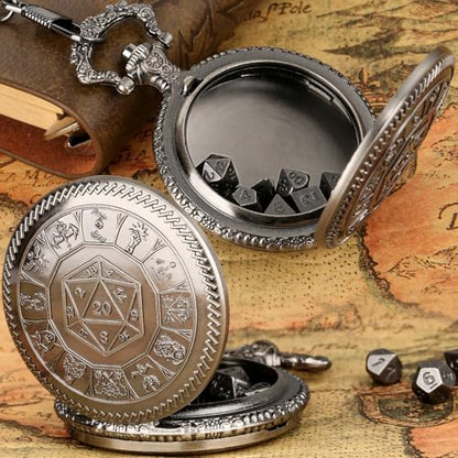 Keller & Weber Mini DND Dice Set, Center Number Dice Pocket Watch Case, 7 Pieces Polyhedral Metal D&D Dice, DND Gift with Gift Box, Role Playing Board Game Accessories, Dark Silver - color: Dark Silver