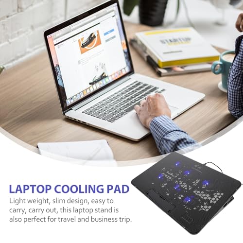 Kisangel Laptop Cooling Pad, 6 Fan Silent Cooler Stand for 15.6 in Notebook | Features blue LED lights, USB powered cooler stand with ergonomic, adjustable height, gaming, office, 14.1 x 10 inches