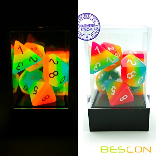 Bescon Fantasy Rainbow Glowing Polyhedral Dice 7pcs Set Midnight Candy, Luminous RPG Dice Set Glow in Dark, Novelty DND Game Dice d4 d6 d8 d10 d12 d20 d% in Brick Box - color: Midnight Candy