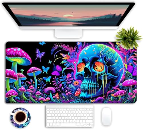Simpkeely Large Skull Mushroom Gaming Mouse Pad - UV Light Reactive Neon Glow Butterfly Mat Waterproof XL Non-Slip Rubber Base for Computer & Keyboard, 31.5" x 11.8" - color: Skull Mushroom