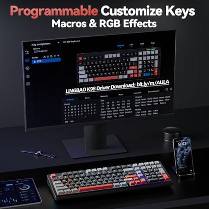 LINGBAO K98 Wireless Mechanical Gaming Keyboard, Tri-Mode BT5.0/2.4GHz/USB-C, Gasket Custom Hot-Swappable Linear Switches Creamy Keyboard with Number Pad, RGB Backlit Gaming Keyboard for PC Laptop - color: K98 | 5000mAh | Black