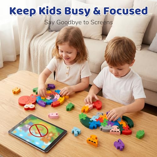 LovesTown Wooden Puzzles, Snail & Dinosaur, Double-Sideld | Alphabet & Number Learning, Montessori Toy, for Kids, Shape Recognition, Fine Motor Skills, Screenless Play