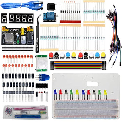 Electronics Component Fun Kit, Component for Arduino/Raspberry Pi, Breadboard, Power Supply Module, Jumper Wire, LED Diode, Resistors, Tact Switch, Potentiometer, Capacitor, Transistor