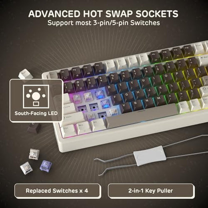 RK ROYAL KLUDGE F99 Wireless Mechanical Keyboard with Numper Pad, Tri-Mode Hot Swappable 95%100 Keys Gaming Keyboard BT/2.4G/USB-C, Pro Software, 5000mAh Battery, Customed Tactile Switches - color: Mocha Brown, size: Tactile Beige Switch