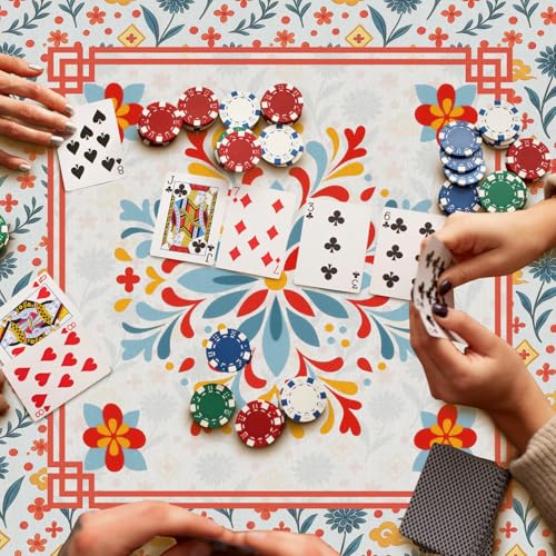 Blue and Red Floral Chinoiserie Mahjong Mat 31.5 x 31.5 in, Oriental Chinese Non-Slip Noise Reduction Gaming Mat for Table American Mahjong Poker Board Games Card Games Dominoes - color: Red & Blue Pattern Mahjong Mat