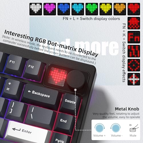 Womier 75% Wireless Mechanical Gaming Keyboard with Knob & Display | Bluetooth 5.0/2.4GHz/USB C Thocky Creamy Keyboard for PC Computer, 8000mAh Battery Hot Swap keyboard for Win/Mac (MT75-Grey) - color: Grey