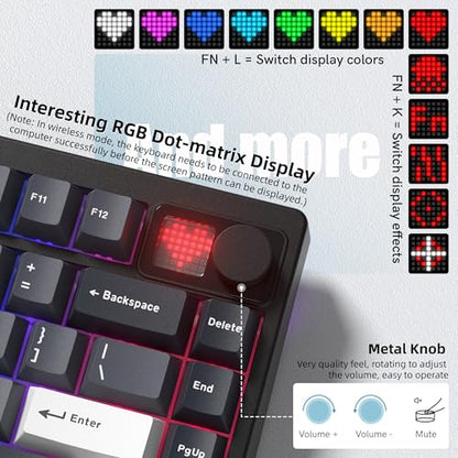 Womier 75% Wireless Mechanical Gaming Keyboard with Knob & Display | Bluetooth 5.0/2.4GHz/USB C Thocky Creamy Keyboard for PC Computer, 8000mAh Battery Hot Swap keyboard for Win/Mac (MT75-Grey) - color: Grey