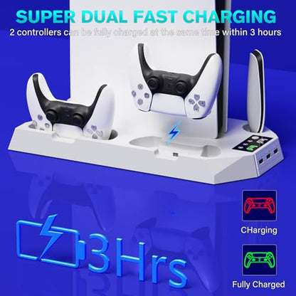 PS5/Slim/Pro Cooling Station for PS5 Disc & Digital Console, PS5 Stand Cooling Fan Charging Station with 3 Level Fan, LED Controller Charger, PS5/Slim/Pro Accessories with 3 USB Hubs & Headset Holder - color: White