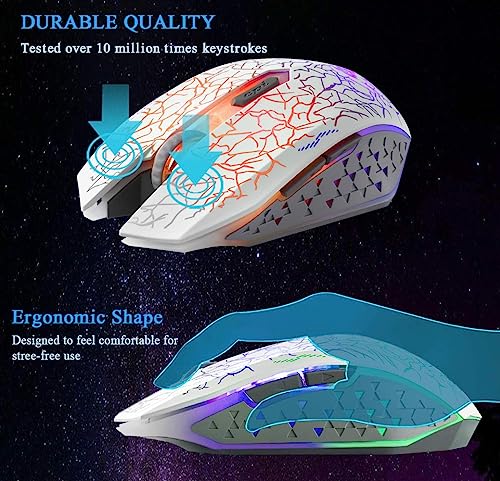 VEGCOO C10 Wireless Gaming Mouse, Rechargeable Gaming Mouse, Silent Optical Mice with 2.4G USB Receiver, 3 Ajustable DPI, 7 Colorful LED Lights for Gamer (White) - color: white