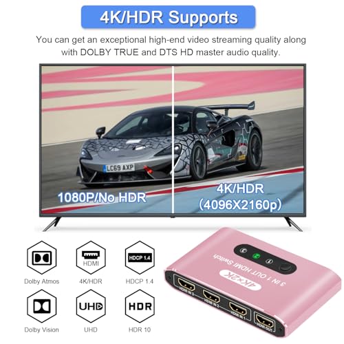 HDMI Switch 3 in 1 Out, 4K@60Hz HDMI Splitter with Remote Control, 3 Ports HDMI Switcher, Perfect for Full HD 4K 1080P 3D Video Roku Fire TV Blu-ray Players Stick Apple PS4/PS5 Xbox Chromecast (Pink) - color: Pink