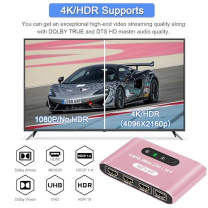 HDMI Switch 3 in 1 Out, 4K@60Hz HDMI Splitter with Remote Control, 3 Ports HDMI Switcher, Perfect for Full HD 4K 1080P 3D Video Roku Fire TV Blu-ray Players Stick Apple PS4/PS5 Xbox Chromecast (Pink) - color: Pink