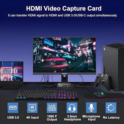 4K HDMI Video Capture Card, HDMI to USB 3.0 Capture Card for Streaming and Recording, 4K@60Hz Input Passthrough 1080P@60Hz Out, Compatible with Switch/PS5/Xbox/PC/Camera/Mac/OBS/XSplit
