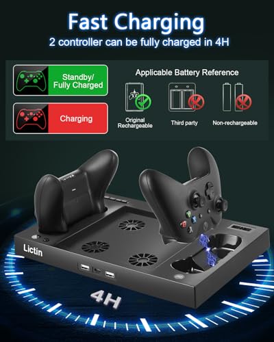 Lictin Cooling Fan Charging Station for Xbox Series X Console & Controller | Upgraded 4 Cooler Fan System Stand, Vertical Dual Charger Station Dock Accessories with 2 x 1400mAh Rechargeable Battery