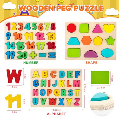 Attmu Wooden Puzzles for Toddlers, 3 Pcs Alphabet Puzzle ABC Shape Number Puzzle, Learning Toys for Kids, Preschool Educational Activities Toddler Gift Toys for Girls Boys Christmas Valentines Easter - size: 3 Pack