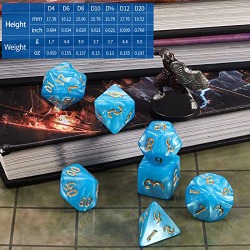 CiaraQ 7pcs Polyhedral Dice Set for Dungeon and Dragons MTG Table Games | Acrylic Role Playing Dice for D&D with Black Velvet Bag – Blue with Gold Numbers - color: Blue With Gold Numbers