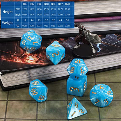 CiaraQ 7pcs Polyhedral Dice Set for Dungeon and Dragons MTG Table Games | Acrylic Role Playing Dice for D&D with Black Velvet Bag – Blue with Gold Numbers - color: Blue With Gold Numbers