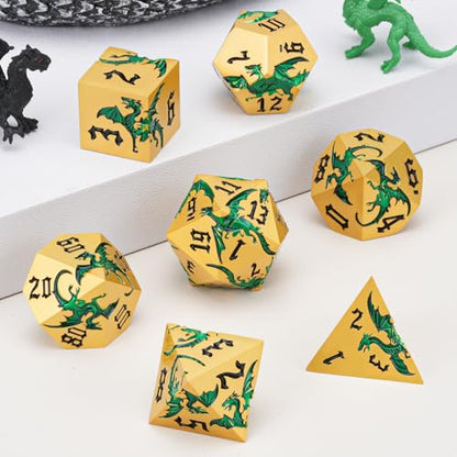 Metal DND Dragon Dice Set,D&D Polyhedral Dice with Dragon for Dungeons and Dragons RPG TTRPG D and D 7-Die Set with Gift Case Dragon-Pearl Gold Transparent Green - color: Dragon-pearl Gold Transparent Green