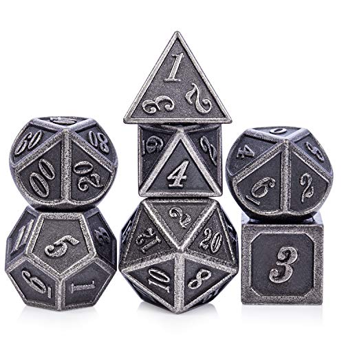 DnDnD Acient Silver Metal DND Dice Set, 7PCS D&D Metal Dice with Metal Case for Dungeons and Dragons, Shadowrun, Pathfinder, Savage World and Table Games - color: Ancient Silver