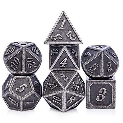 DnDnD Acient Silver Metal DND Dice Set, 7PCS D&D Metal Dice with Metal Case for Dungeons and Dragons, Shadowrun, Pathfinder, Savage World and Table Games - color: Ancient Silver