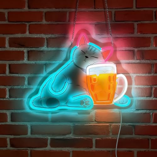 LED Funny Cat Neon Sign Light Up Driking Cat Lights Lighted Beer Neon Signs with Base for Bedroom Dorm Hallway Garage Bar Gaming Room Man Girls Cave Tabletop Wall Decor Art Gifts - color: Drinking Cat