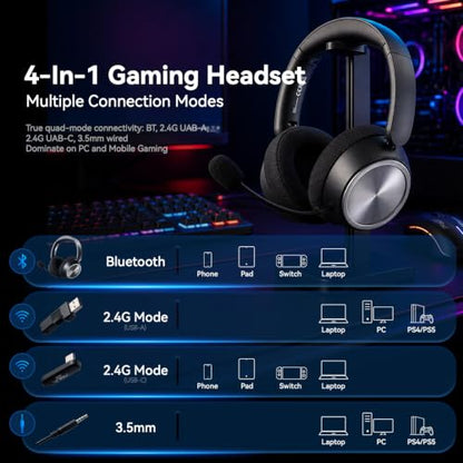 Wireless Gaming Headset with Mic Over Ear Headphones Noise Cancelling | 13Ms Latency,110H Battery,4-in-1 Connection,Foldable,Black Bluetooth Headset Headphones for PS5,Xbox,PC,PS4,Mac,Switch,Mobile