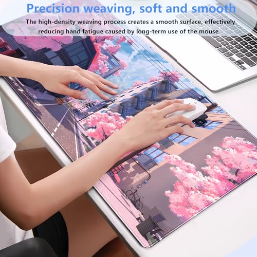 Pink Anime Sakura Desk Mat, Japanese Street Large Mouse Pad 31.5x15.7 in | Cozy anime cherry blossom desk pad with 3mm plush cushion, smooth fabric top, and non-slip rubber core. - color: Anime 02