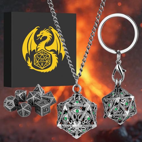 Mini DND Dice Set with Hollow D20 Metal Case Portable Keychain Necklace, Tiny 7pcs Polyhedral D&D Dice Set, DND Gifts with Gift Box, D&D Accessories for RPG（Green Diamond, Silver） - color: Dark Silver