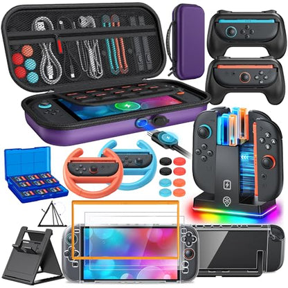 Switch 2 Accessories, Case Bundle for Nintendo Switch 2 2025 | [Charge Inside]FYOUNG 23 IN 1 Kit:Carrying Case,Controller Charger,Protective Shell,Grip for Joycon, Steering Wheel (Purple) - color: Purple