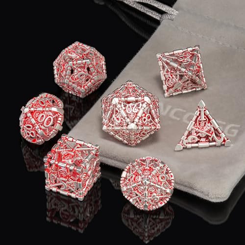 DND Dice Set,HNCCESG DND Hollow Polyhedral Dice Red White Grim Reaper Metal 7Pcs Dice Set with Gift Box for Dungeons and Dragon Tabletop Game for MTG RPG(Matt red White) - color: Matt Red White Ss