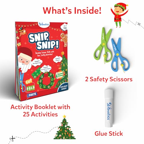 Skillmatics Scissor Skills Preschool Activity Book – Snip Snip Christmas | 25 Cutting Activities for Preschoolers, 2 Child–Safe Scissors, Felt Craft Kit, Fun Gift for Kids Ages 3, 4, 5, 6, 7 - style: 6. Holiday Magic