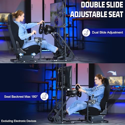 Marada Racing Cockpit with Black Seat TV Stand Fit for Logitech G923 G920 | Racing Wheel Stand Height Adjustable, with for Thrustmaster T500 T3PA TGT, for Fantec, Wheel and Pedals Not Included