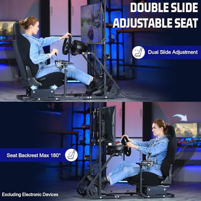 Marada Racing Cockpit with Black Seat TV Stand Fit for Logitech G923 G920 | Racing Wheel Stand Height Adjustable, with for Thrustmaster T500 T3PA TGT, for Fantec, Wheel and Pedals Not Included