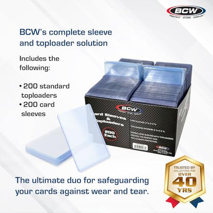 BCW Card Sleeves and Toploaders Combo Pack | 200 Toploaders & 200 Penny Sleeves - Protect, Store & Display Trading Cards | Acid-Free Card Protectors | Compatible with Sports Cards & TCG Cards - color: 200 Count